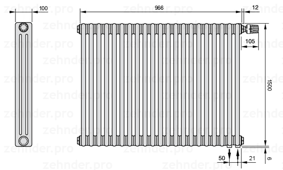Схема (чертеж) Радиатор Zehnder Charleston 3150/21 №V002 Белый глянцевый RAL 9016